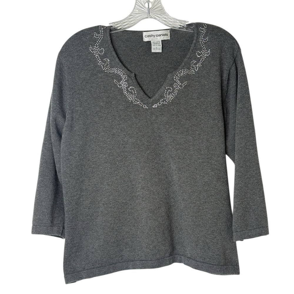 Cathy Daniels Gray 3/4 Sleeve V-Neck Women's Large Sweater Beaded Neckline READ